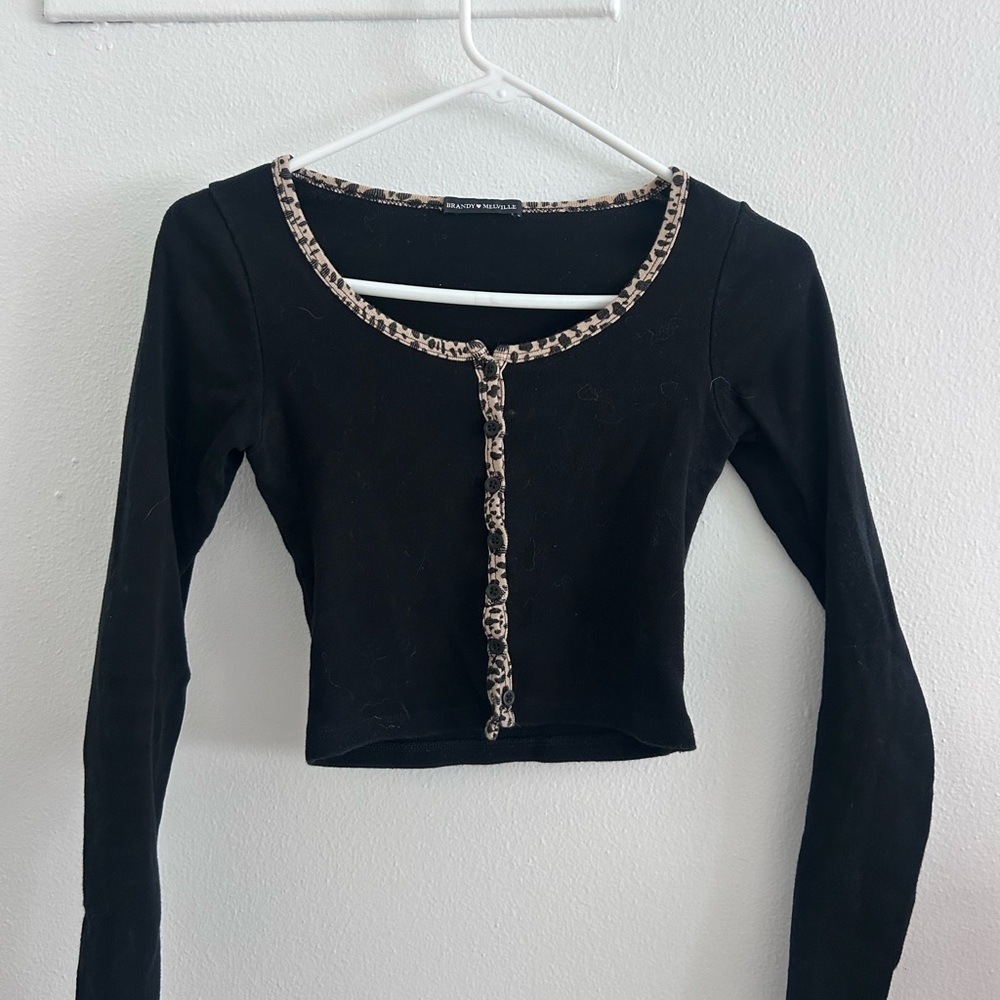 Brandy Melville Black Long Sleeve with Leopard Trim